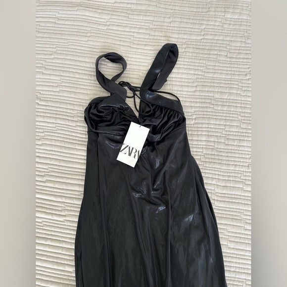 Zara NWT Long Ruched Dress in Black Metallic Maxi Open Back Size M Medium New - Picture 10 of 10